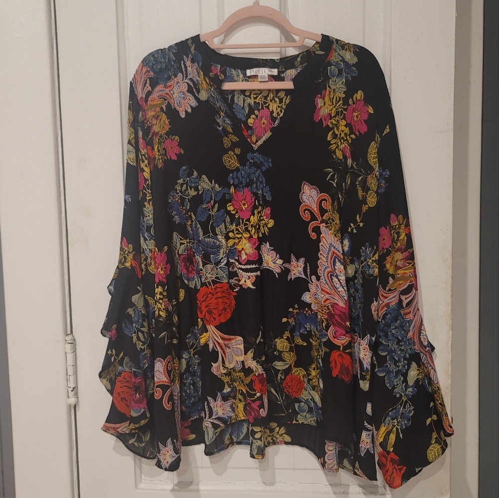 Spense 3x multicolored printed floral flowing long sleeve blouse top
